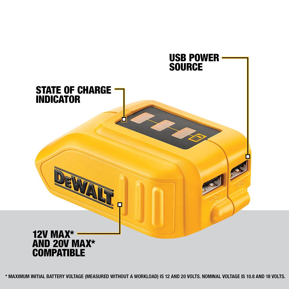 Compact DEWALT DCB090 USB charger fits tight spaces on job sites.