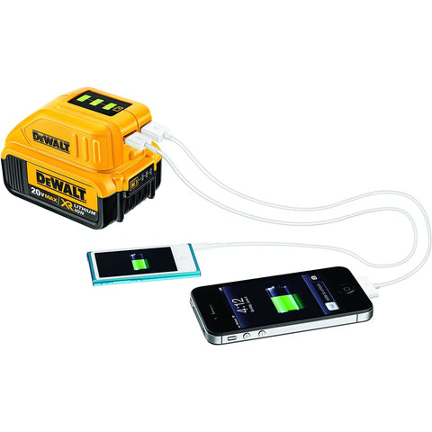 DEWALT DCB090 charges devices using 12V or 20V MAX batteries on site.