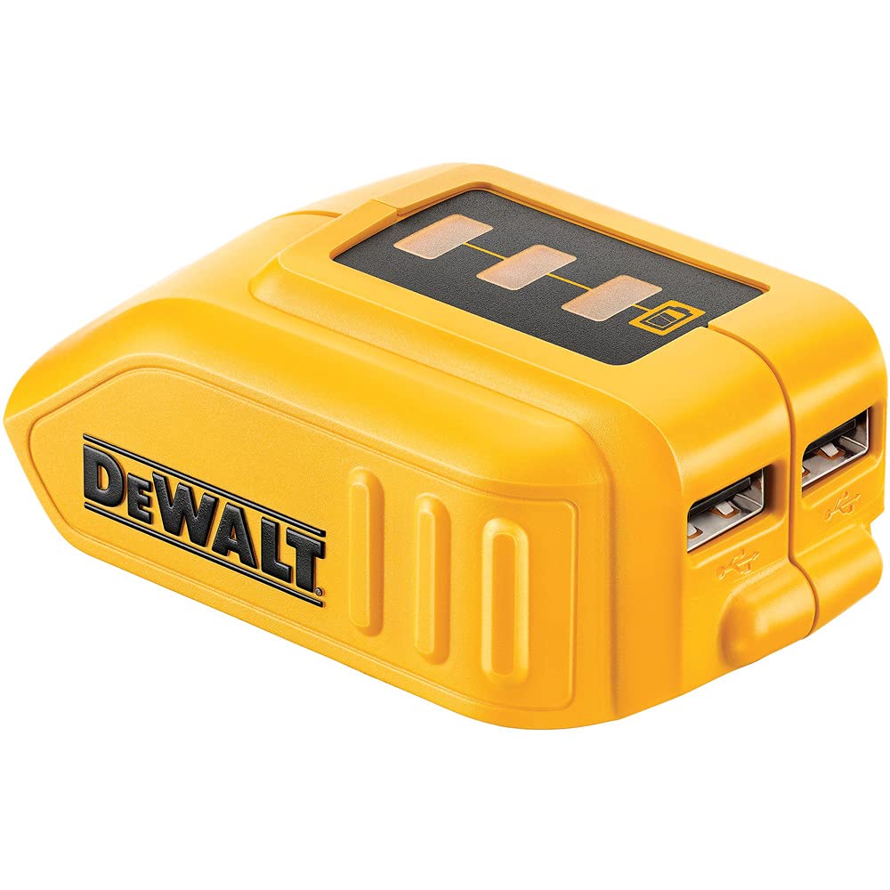 DEWALT DCB090 USB charger with two ports for quick on-site device charging.