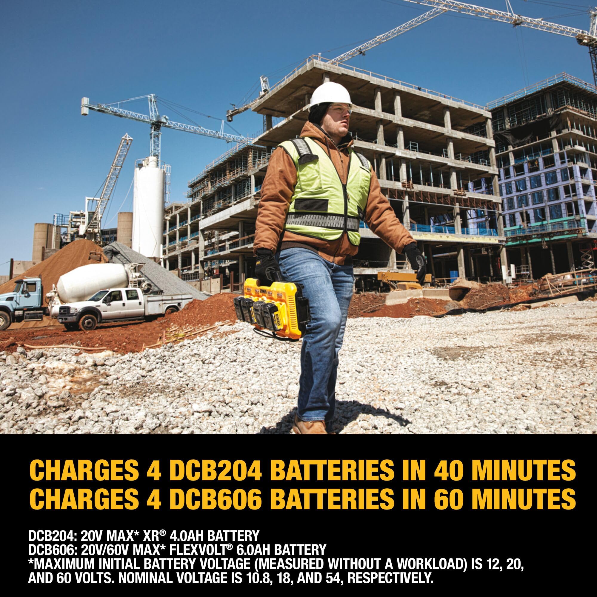 DEWALT DCB104 charges a 6.0Ah DCB606 in about 60 minutes for longer tools.