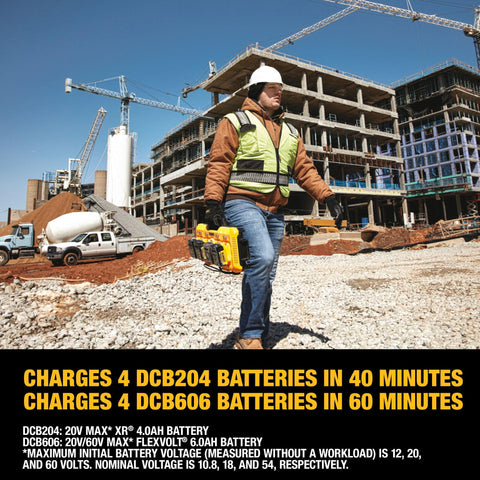 DEWALT DCB104 charges a 6.0Ah DCB606 in about 60 minutes for longer tools.