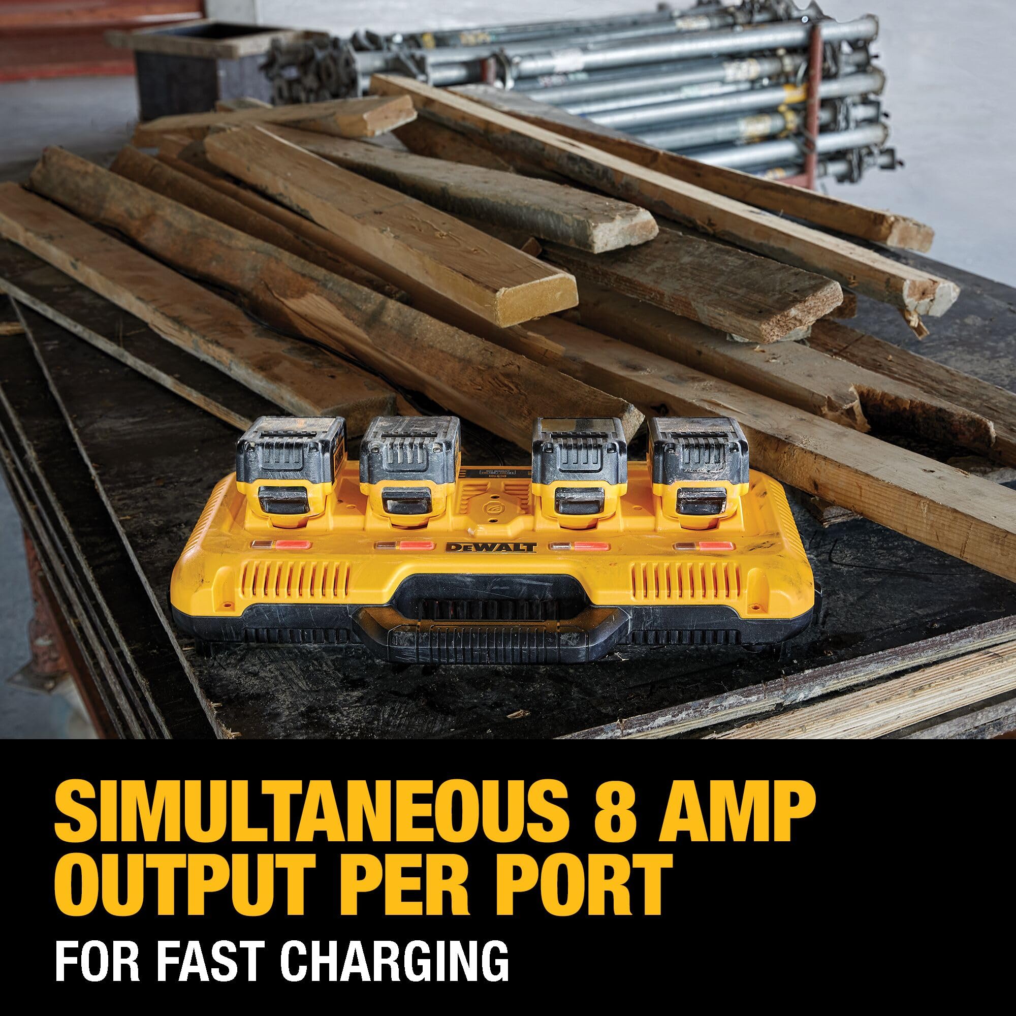 DEWALT DCB104 shows eight amps per port for fast charging across packs.