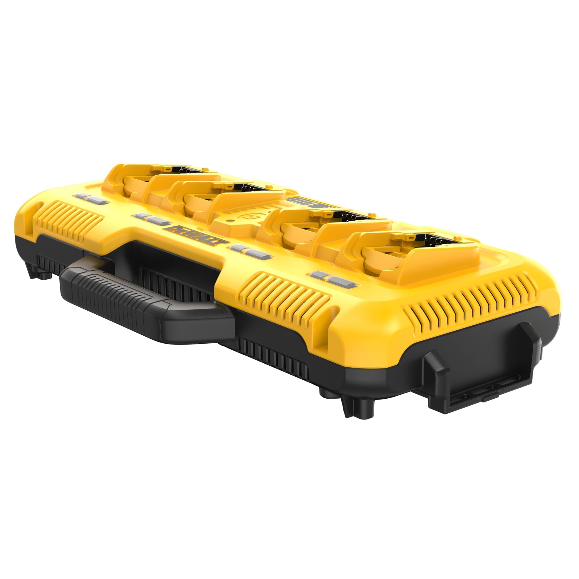 DEWALT DCB104 four-port front view shows simultaneous charging for multiple batteries, enhancing on-site productivity.