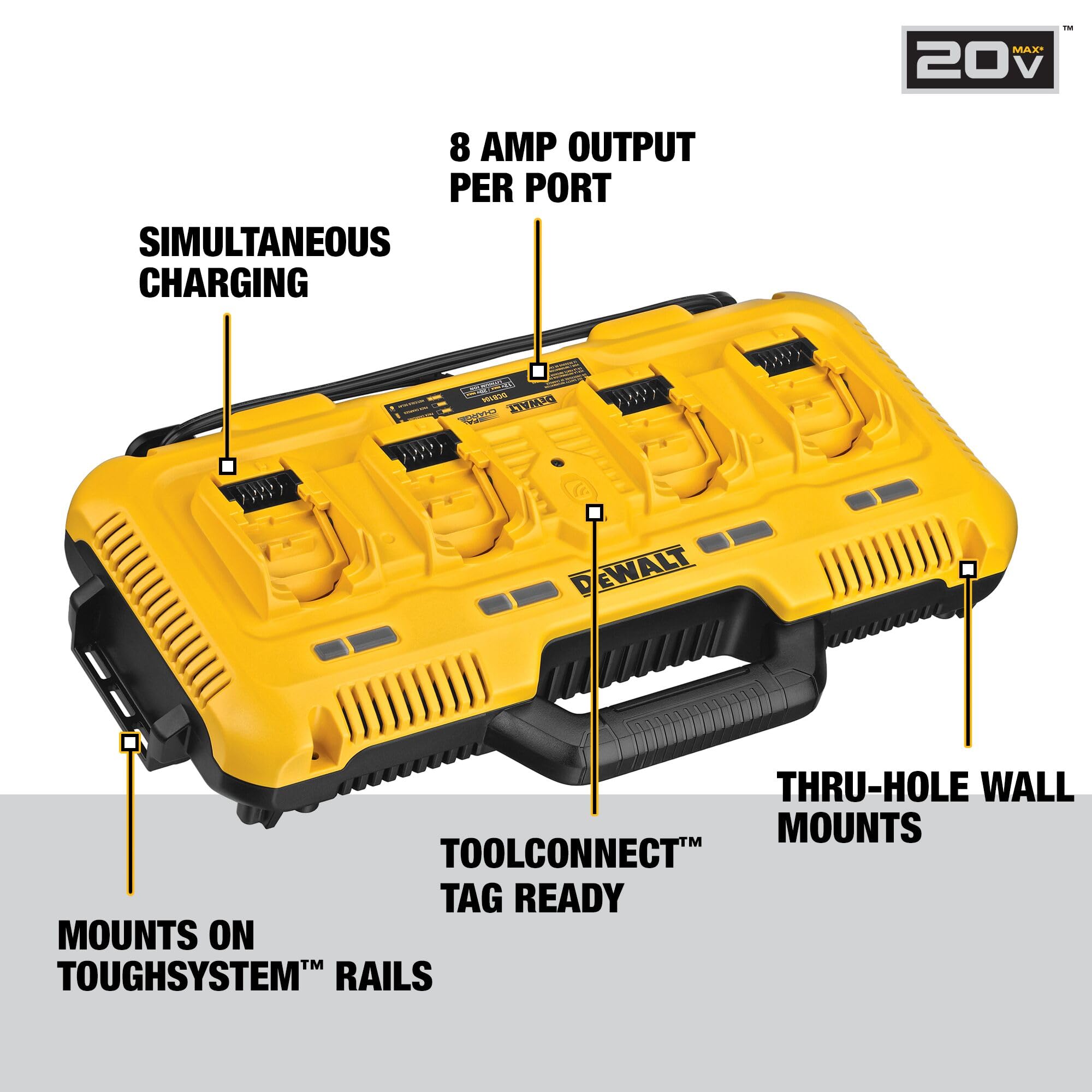 DEWALT DCB104 four-port side view demonstrates compact integration with workspace layout.
