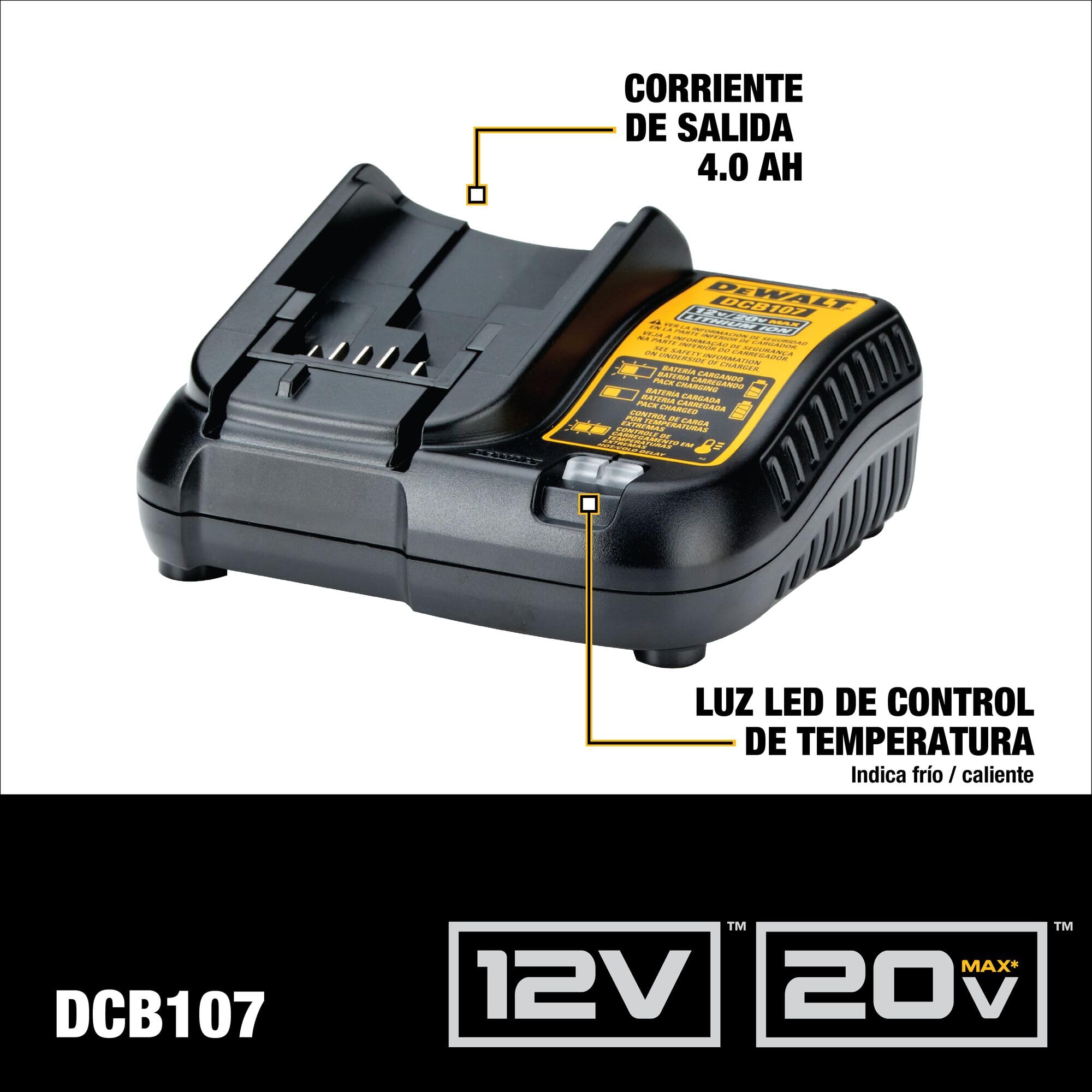 DEWALT DCB107 North American plug and 120V power specs.