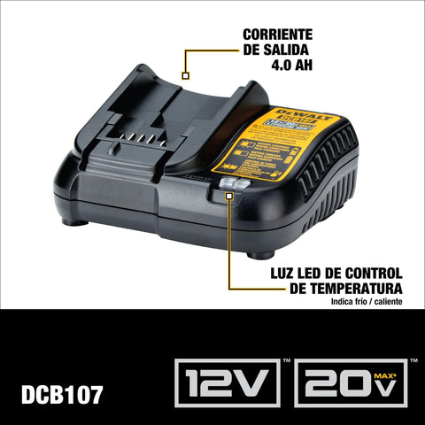DEWALT DCB107 North American plug and 120V power specs.