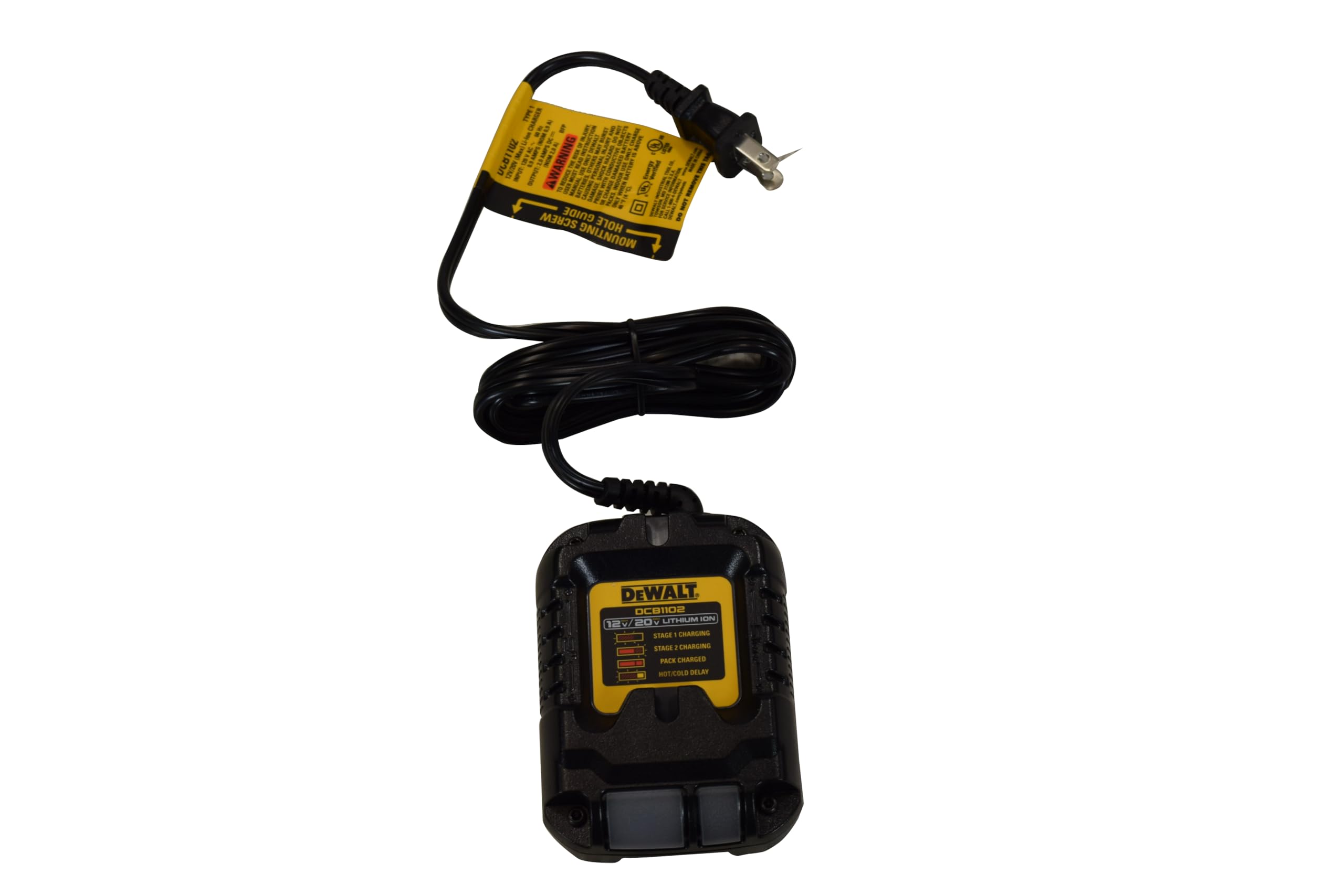 DEWALT DCB1102 front view with LED indicators for quick charge status.