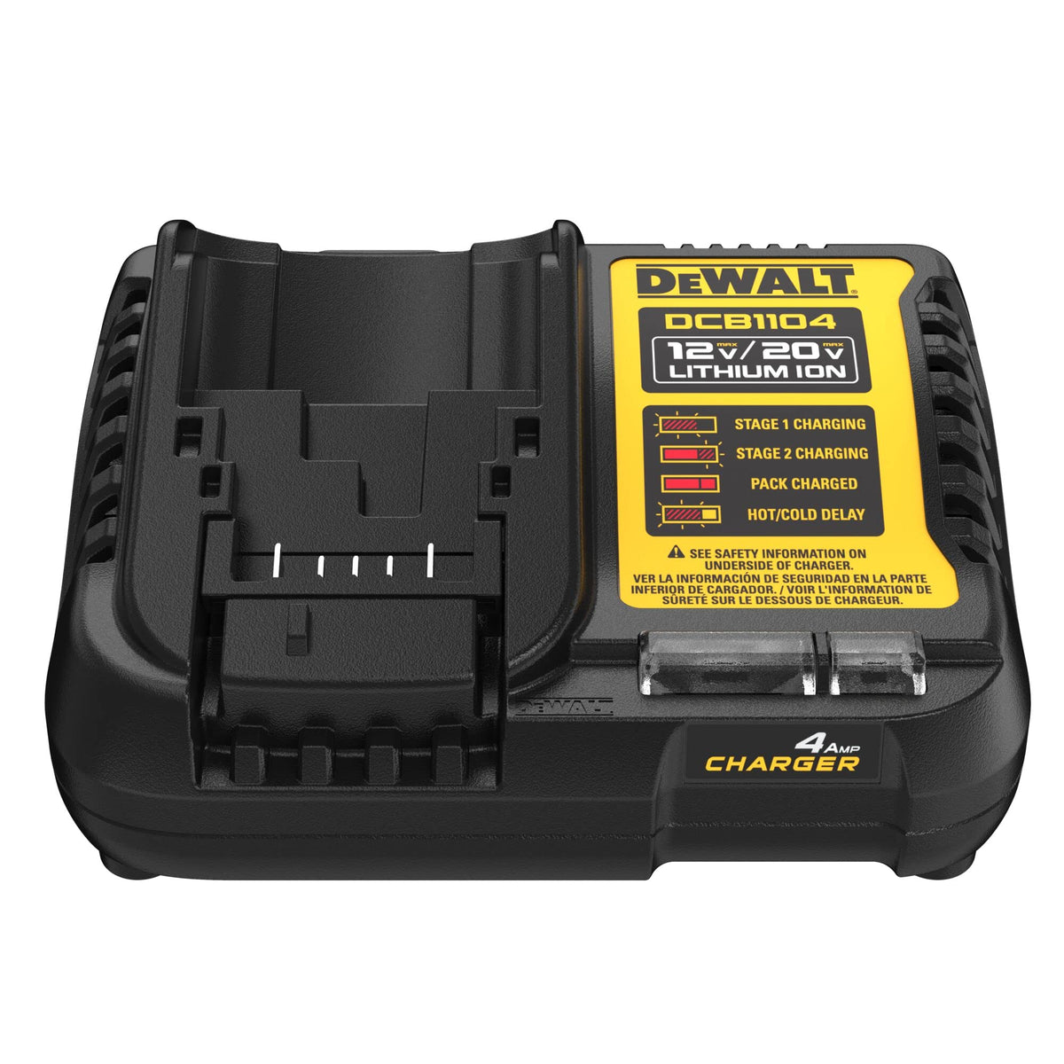 DEWALT DCB1104 front view, compact charger for portable charging