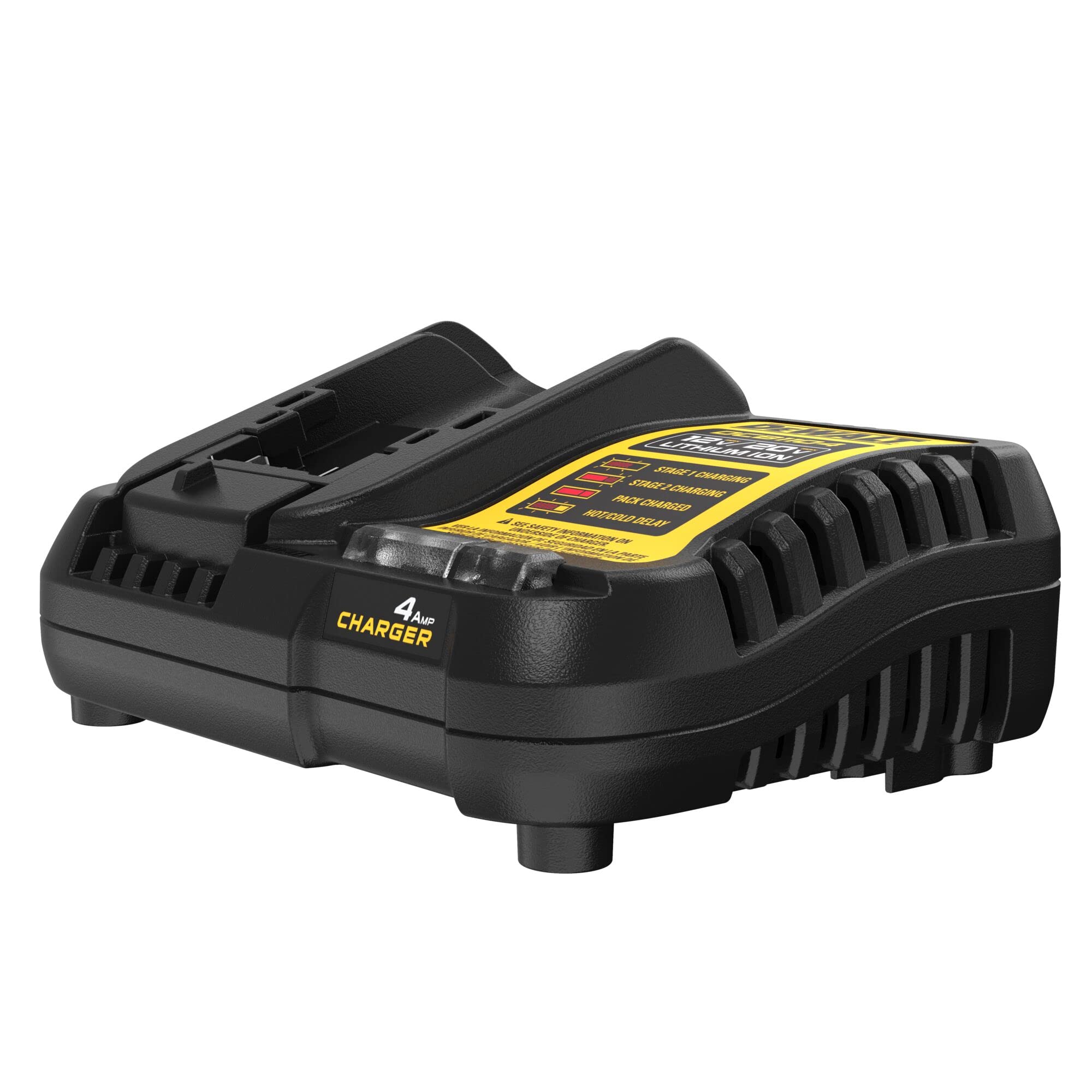 DEWALT DCB1104 side view, space-saving profile for busy benches