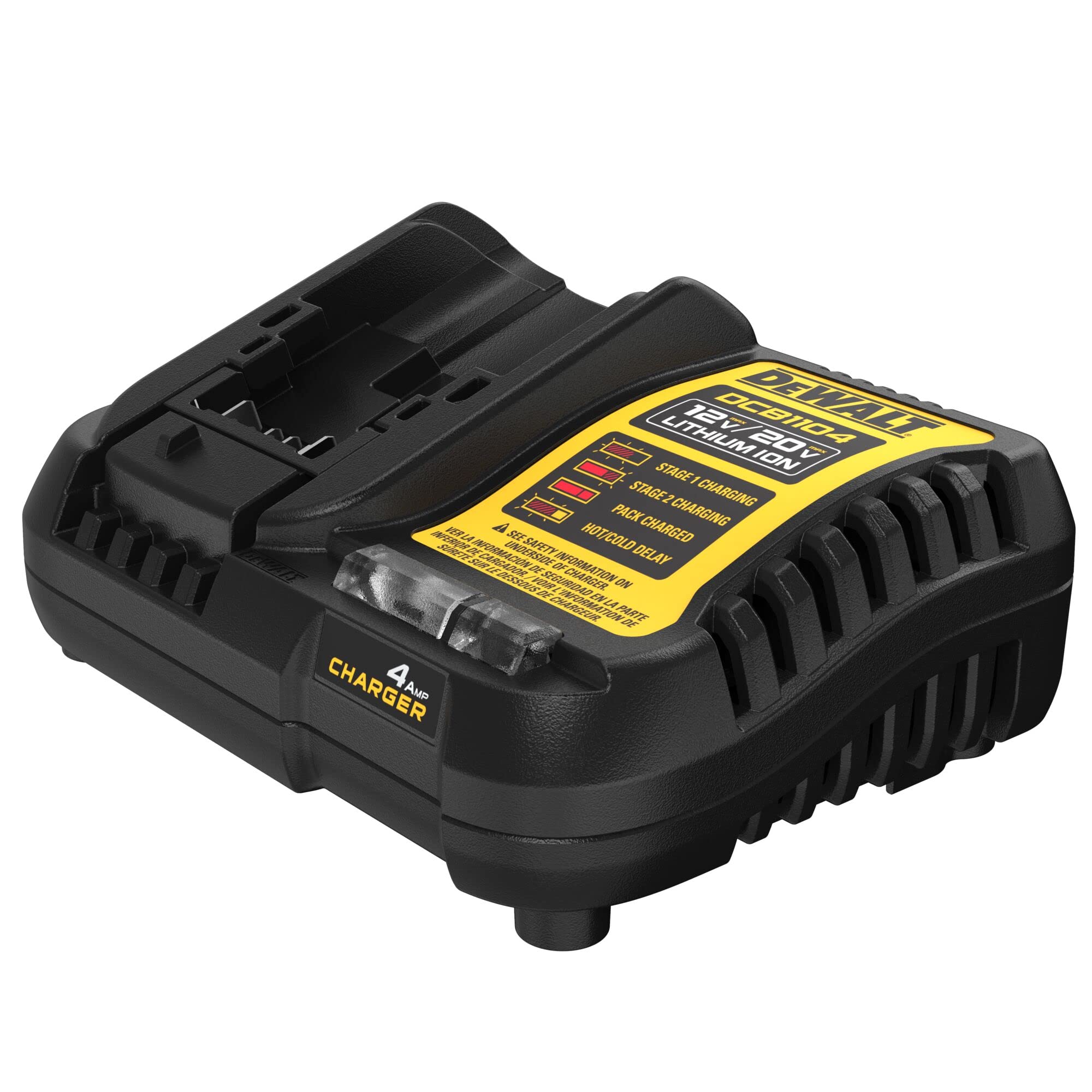 DEWALT DCB1104 with battery inserted, ready-to-charge setup