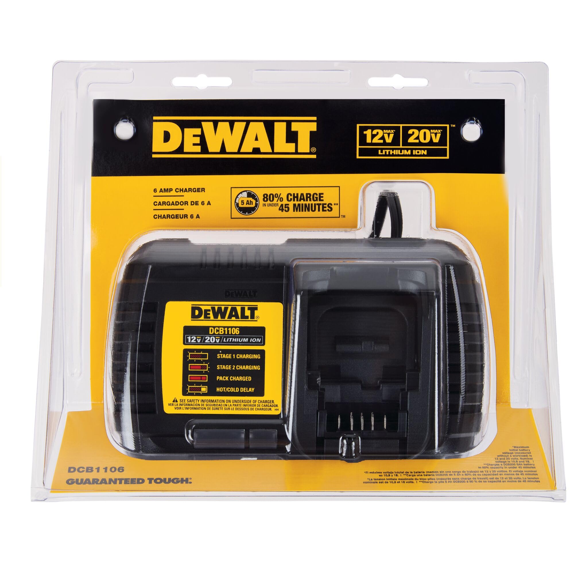 DEWALT DCB1106 battery-charging-status shows clear LED indicators during operation.