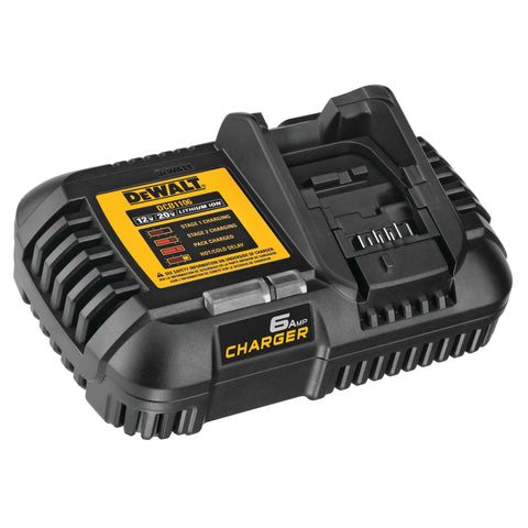 DEWALT DCB1106 charger close-up shows rugged build for tough job sites.