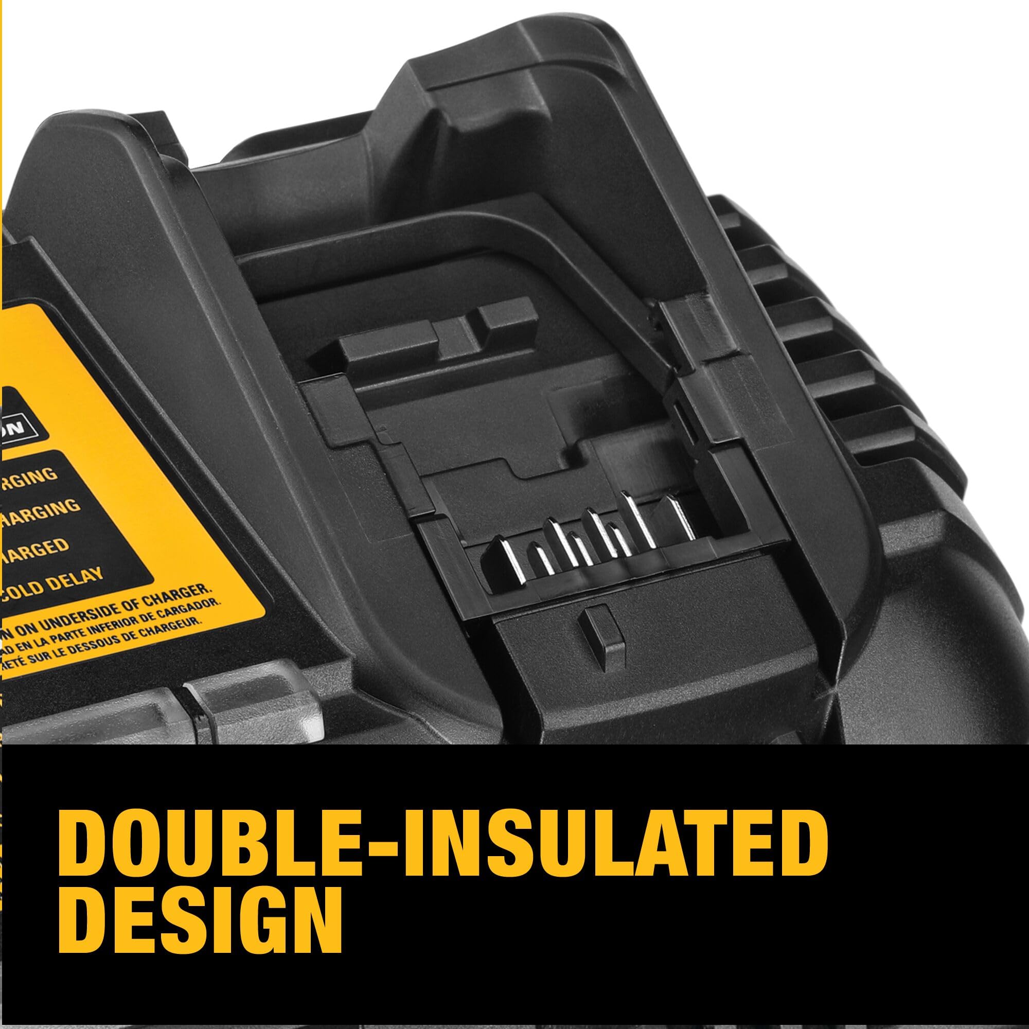 DEWALT DCB1106 compact design highlights space-saving charger for tight work surfaces.