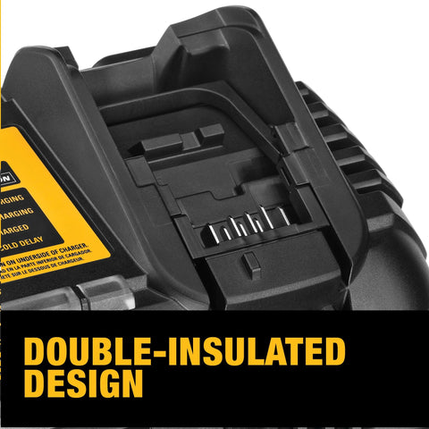 DEWALT DCB1106 compact design highlights space-saving charger for tight work surfaces.