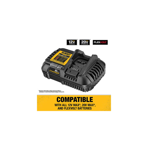 DEWALT DCB1106 compatibility shows charging 12V MAX, 20V MAX, and FLEXVOLT batteries.