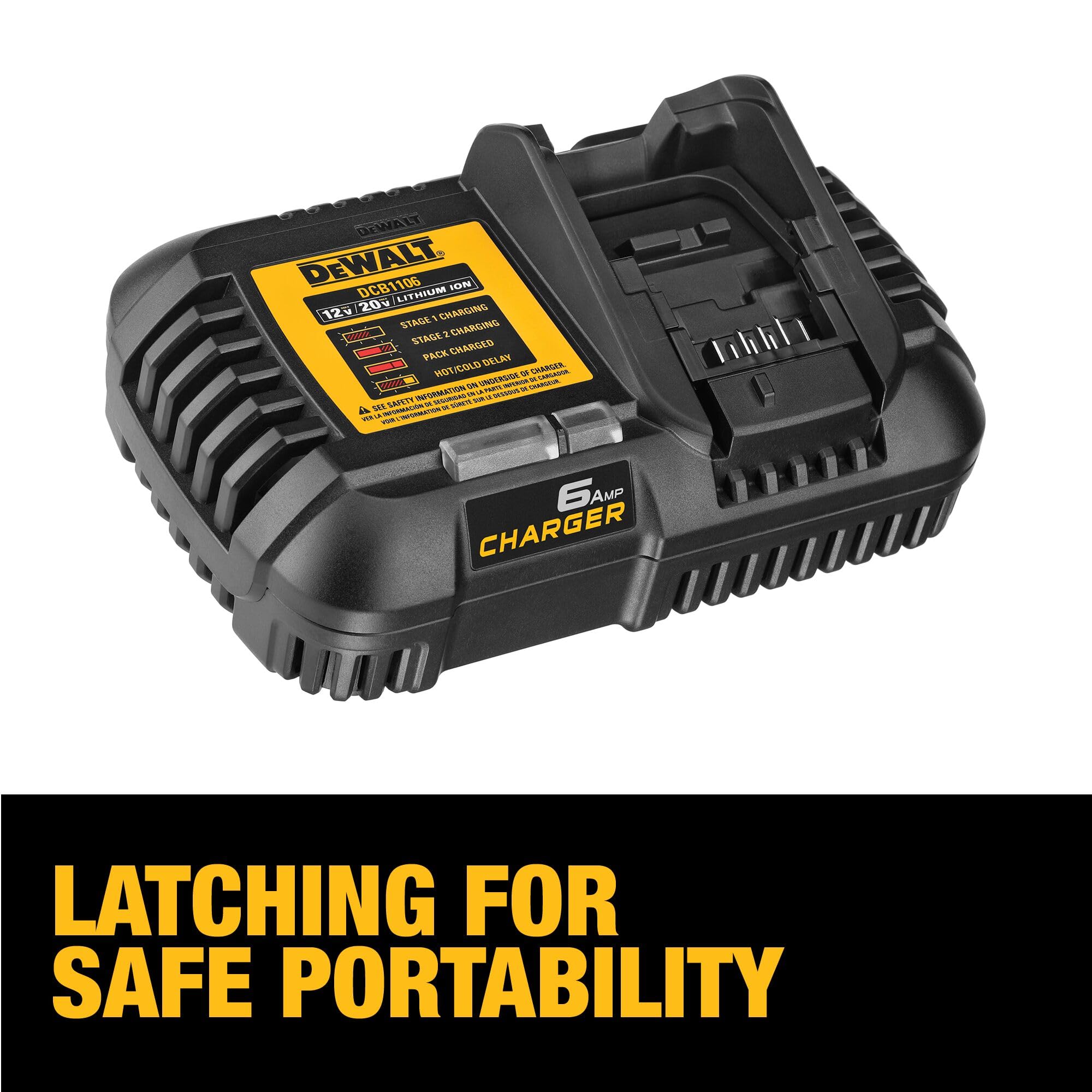 DEWALT DCB1106 latch demonstrates portable mounting option for secure placement.