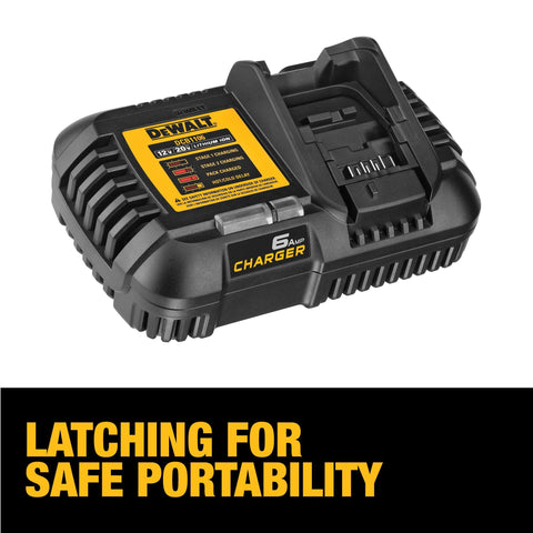 DEWALT DCB1106 latch demonstrates portable mounting option for secure placement.