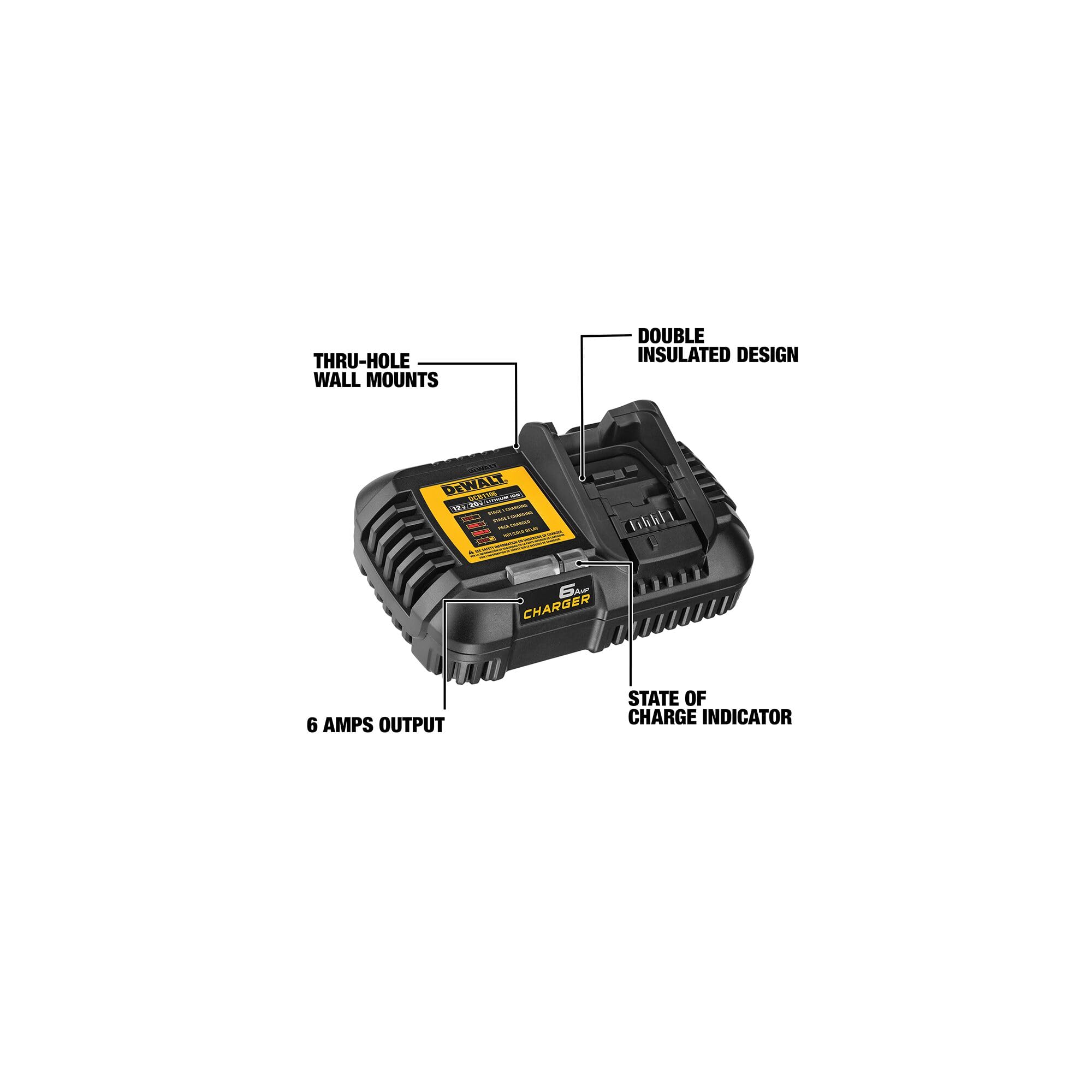 DEWALT DCB1106 LED indicator demonstrates charge level at a glance for planning.