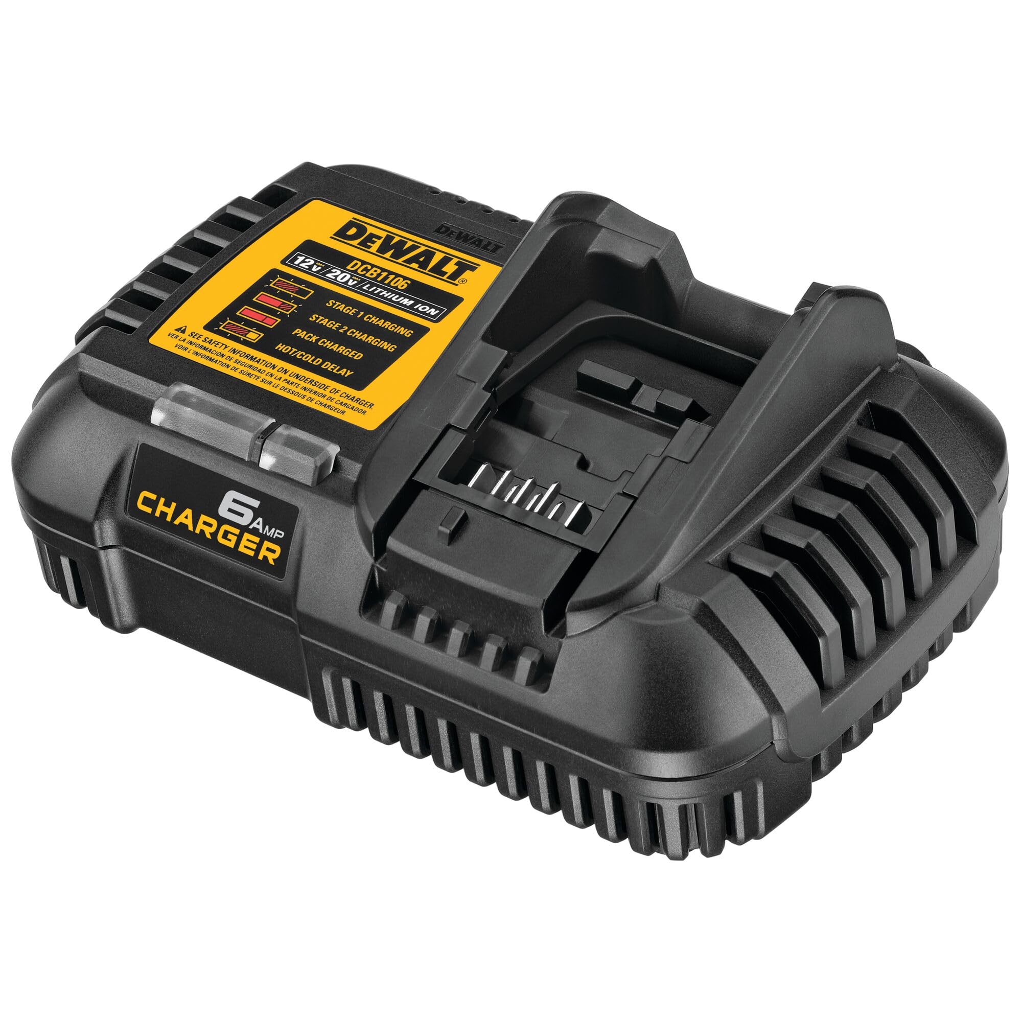 DEWALT DCB1106 on-site use image depicts charging in workshop or field.