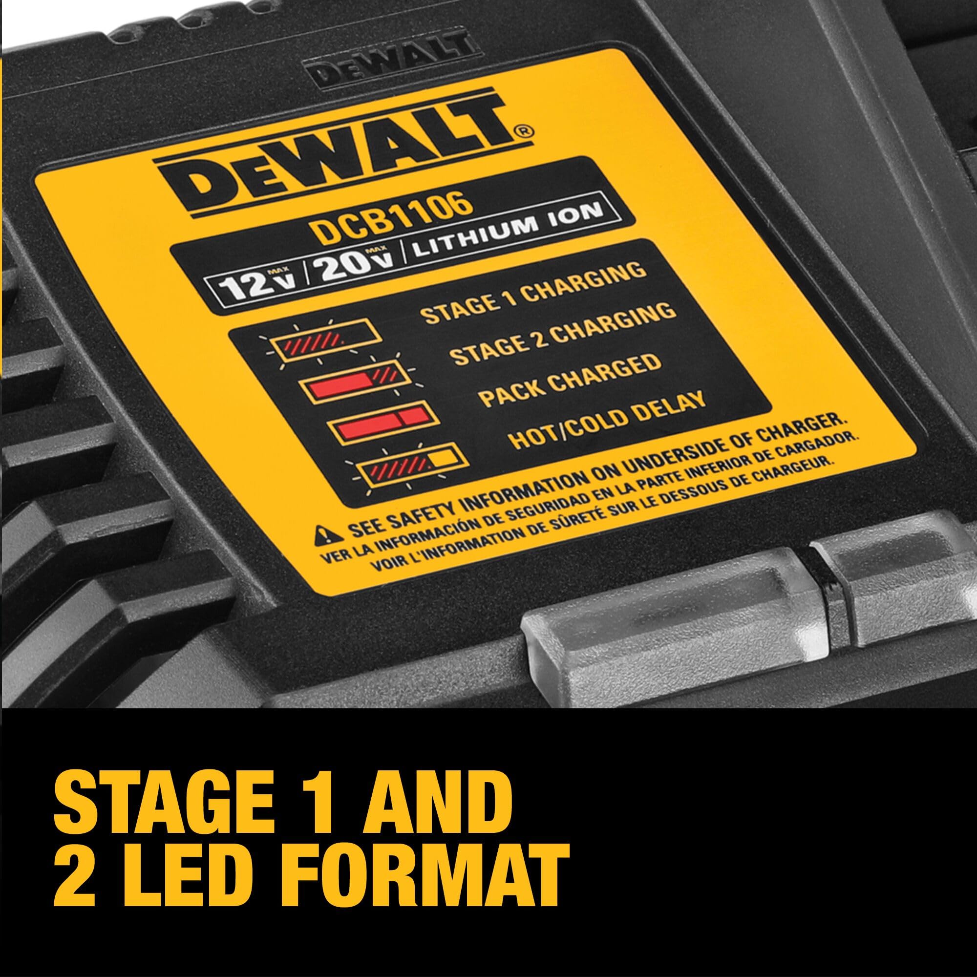 DEWALT DCB1106 wall-mount image shows thru-hole mounting for stable installation.