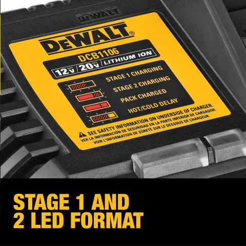 DEWALT DCB1106 wall-mount image shows thru-hole mounting for stable installation.