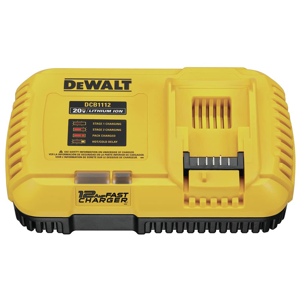 DEWALT DCB1112 fast charger front view for quick battery recharges on site
