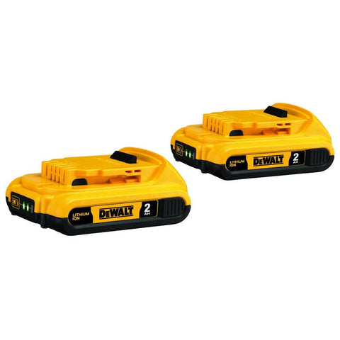 DEWALT DCB203-2 pack front view, compact design for extended on-site run time.