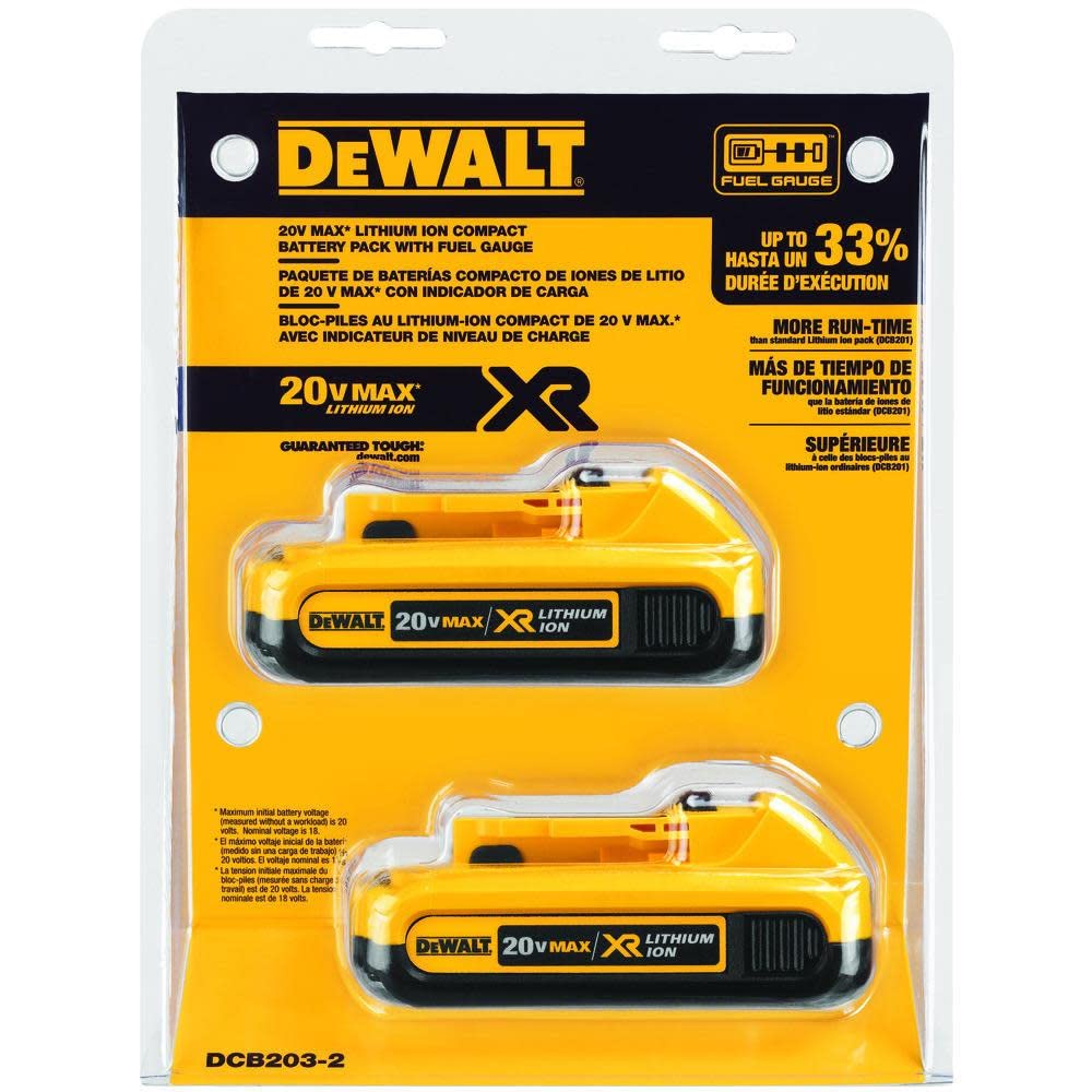 DEWALT DCB203-2 with fuel gauge indicator for quick charge state checks.
