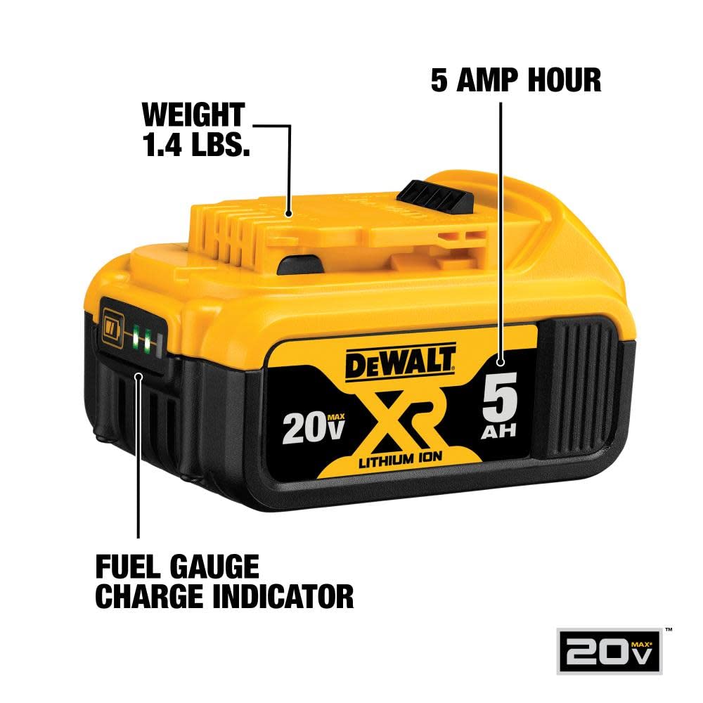 DEWALT DCB205CK charger fast-charges 12V–20V batteries.