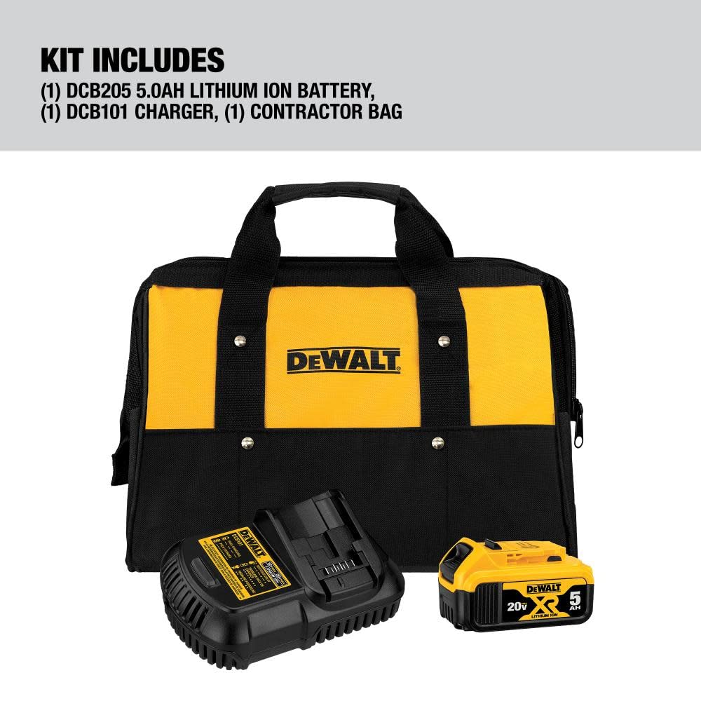 DEWALT DCB205CK kit on workbench for easy setup.