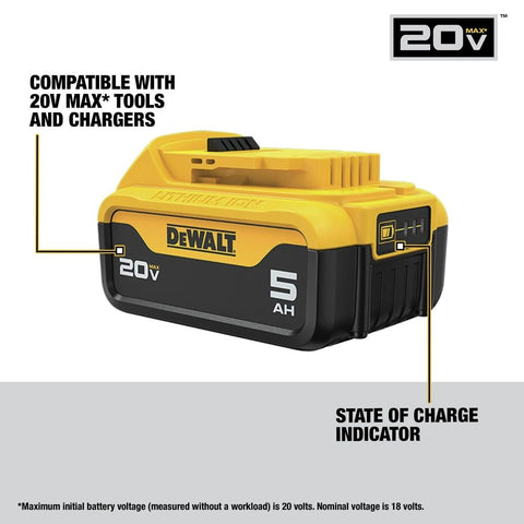 DEWALT DCB205R with LED indicator highlights charge status to prevent interruptions.