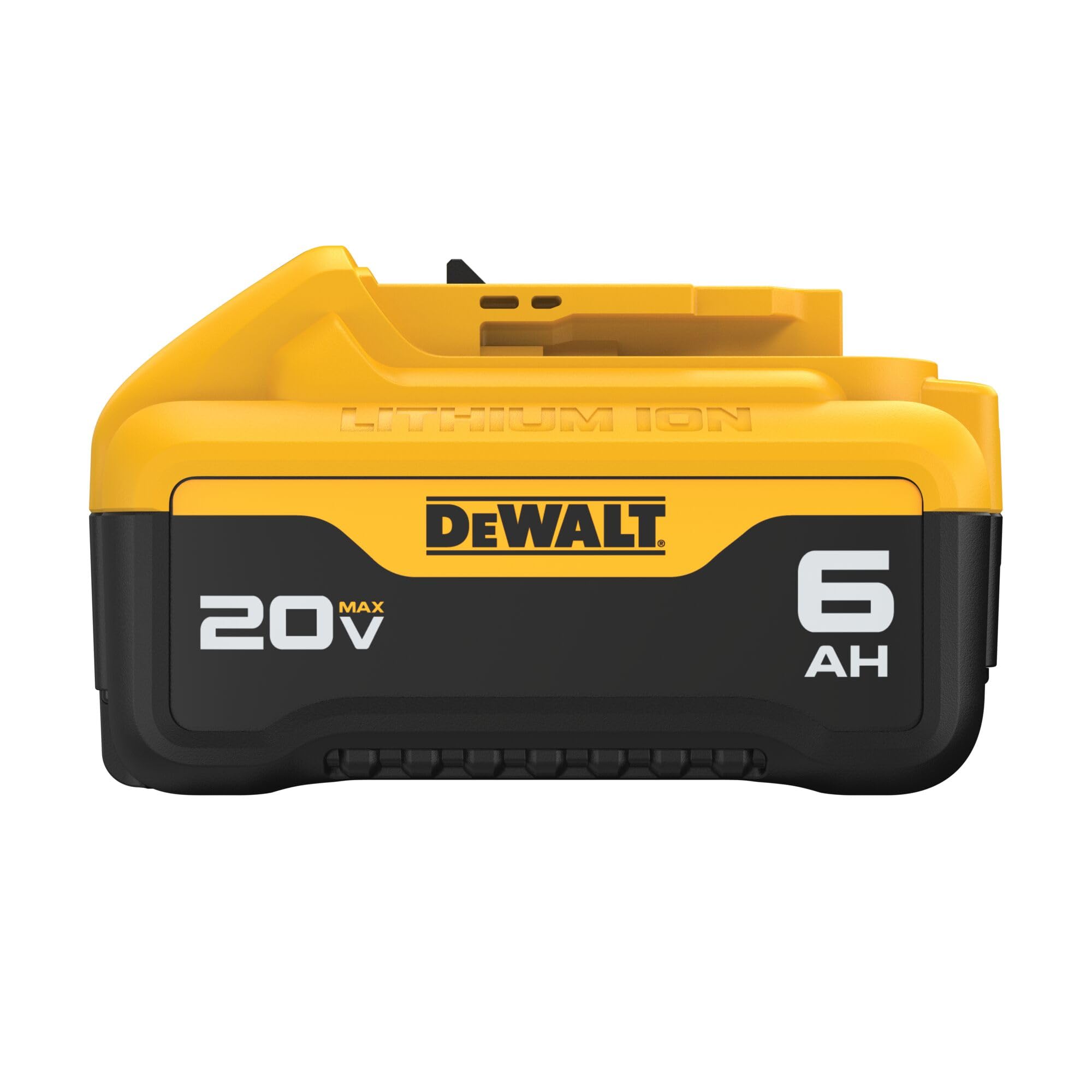 DEWALT DCB206 6Ah battery with clear fuel gauge for quick status check.