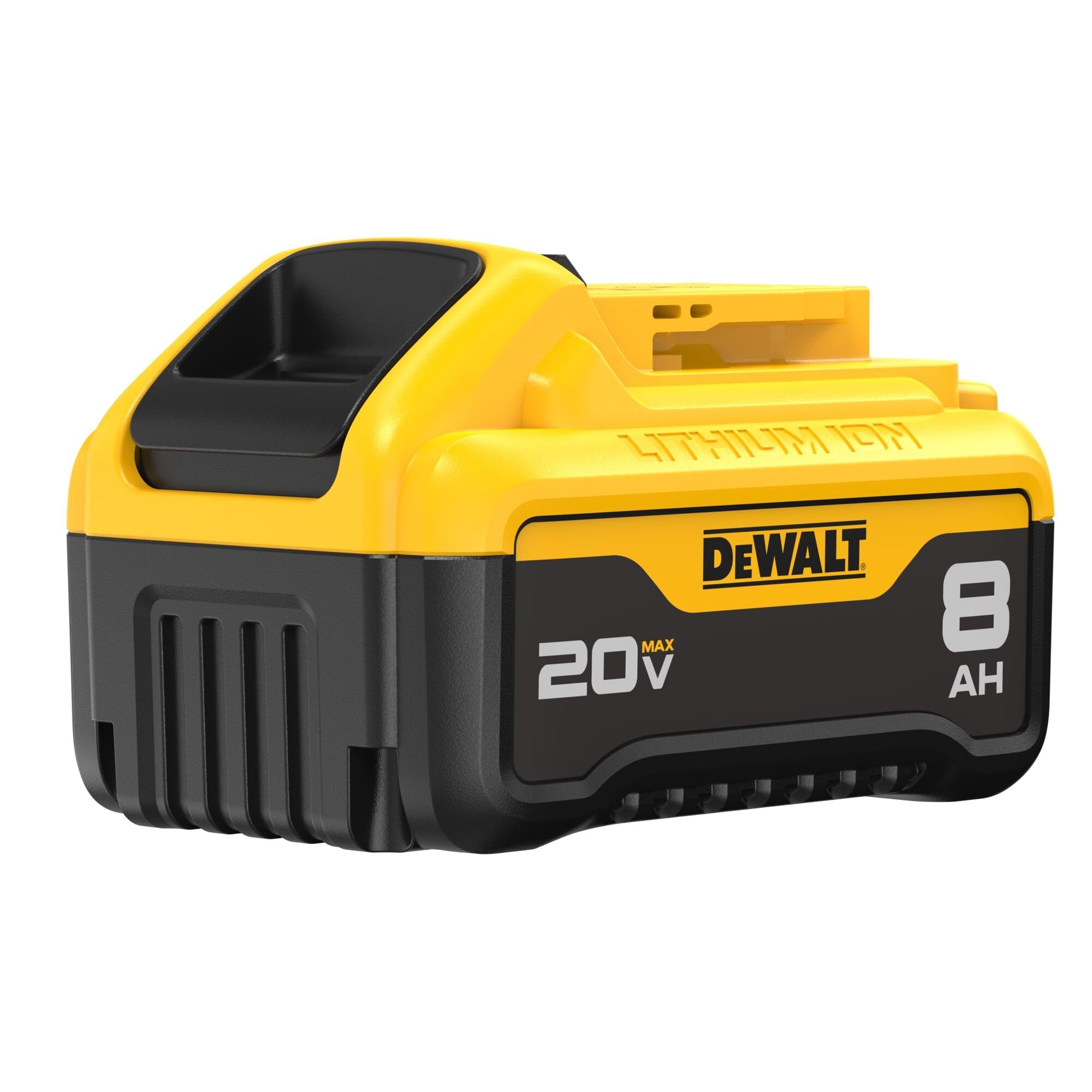 DEWALT DCB208 8Ah battery, front view, extended runtime for 20V tools.