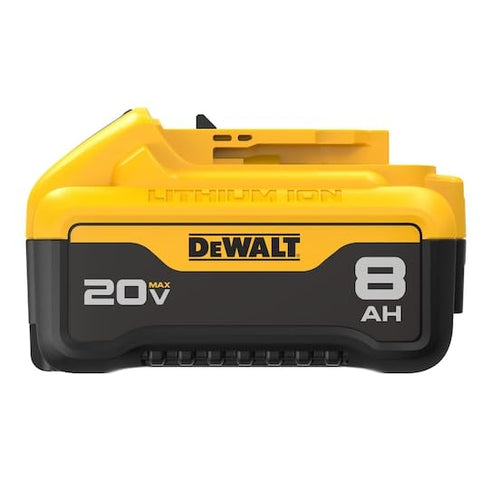 DEWALT DCB208 compact front view, high-capacity pack with minimal size impact.