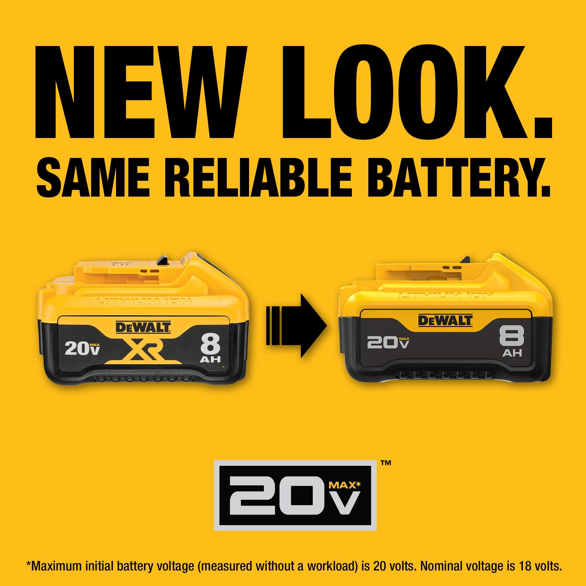 DEWALT DCB208 fuel gauge closeup, at-a-glance life indicator for planning.