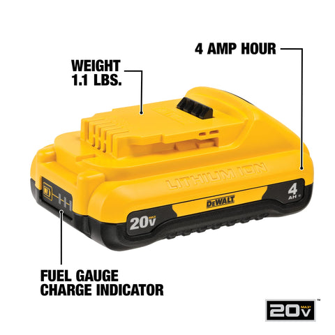 DEWALT DCB240-2 battery side profile showing lightweight 4Ah capacity for control.
