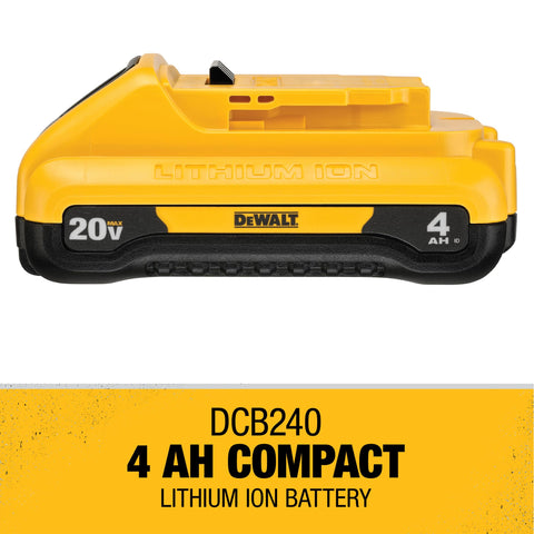 DEWALT DCB240 compact 4Ah battery beside a cordless tool for scale and usability.