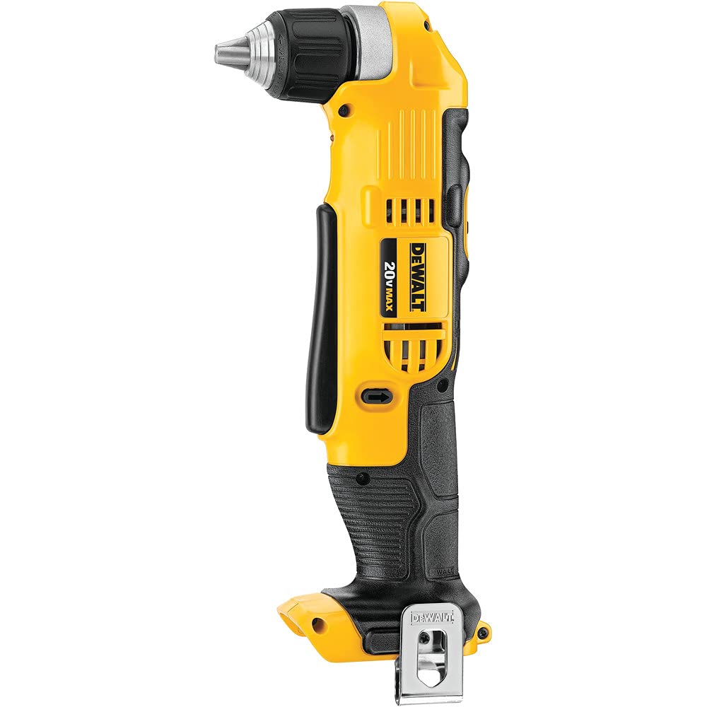 DEWALT DCD740B right-angle drill front view highlighting compact 4-inch length for tight spaces.