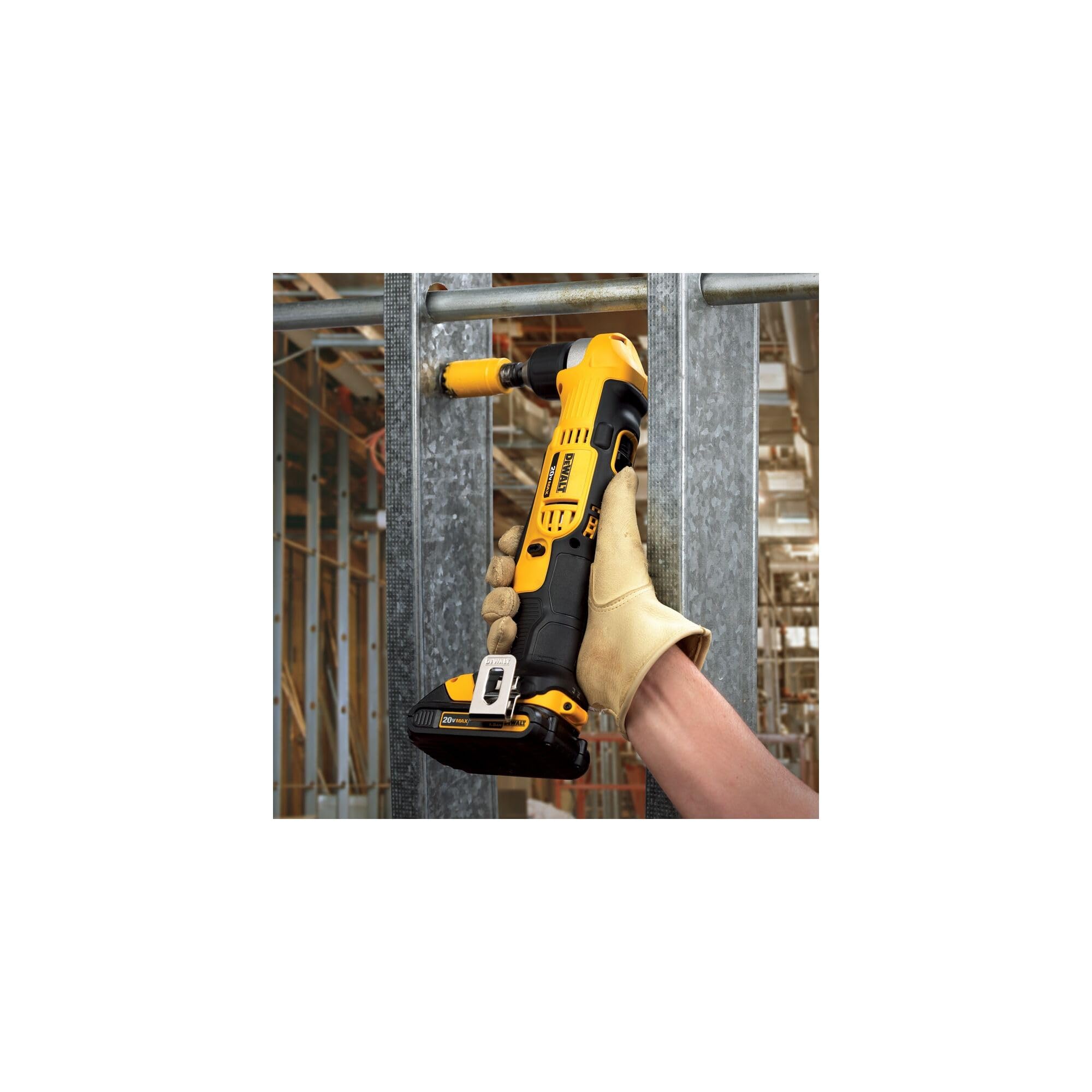 DEWALT DCD740B right-angle drill in action in a corner, showing multi-grip trigger usability.