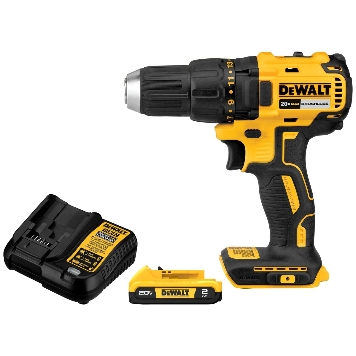DEWALT DCD777D1 front view highlighting compact size for tight spaces and ease of use.