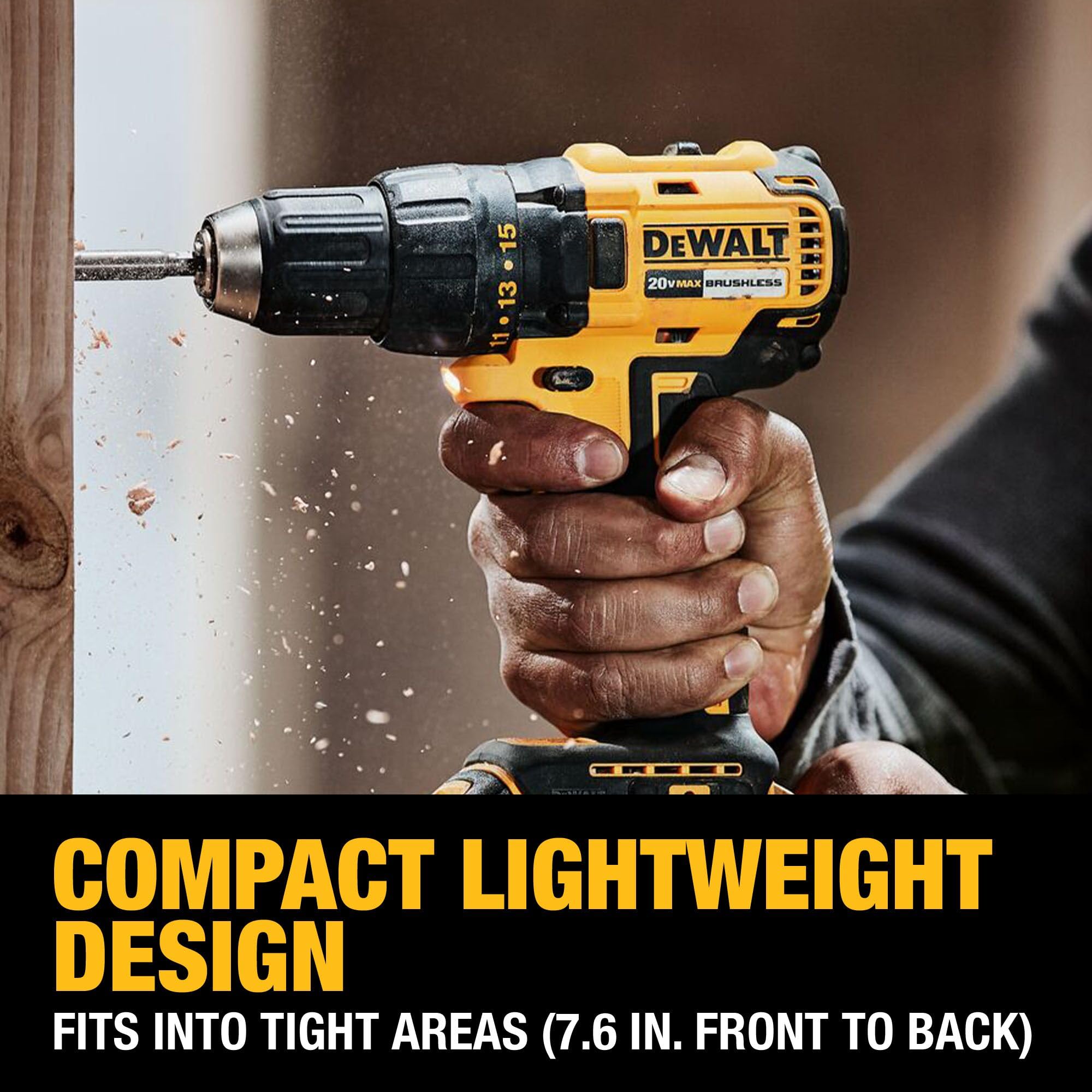 DEWALT DCD777D1 LED work light improves visibility in dim workspaces.
