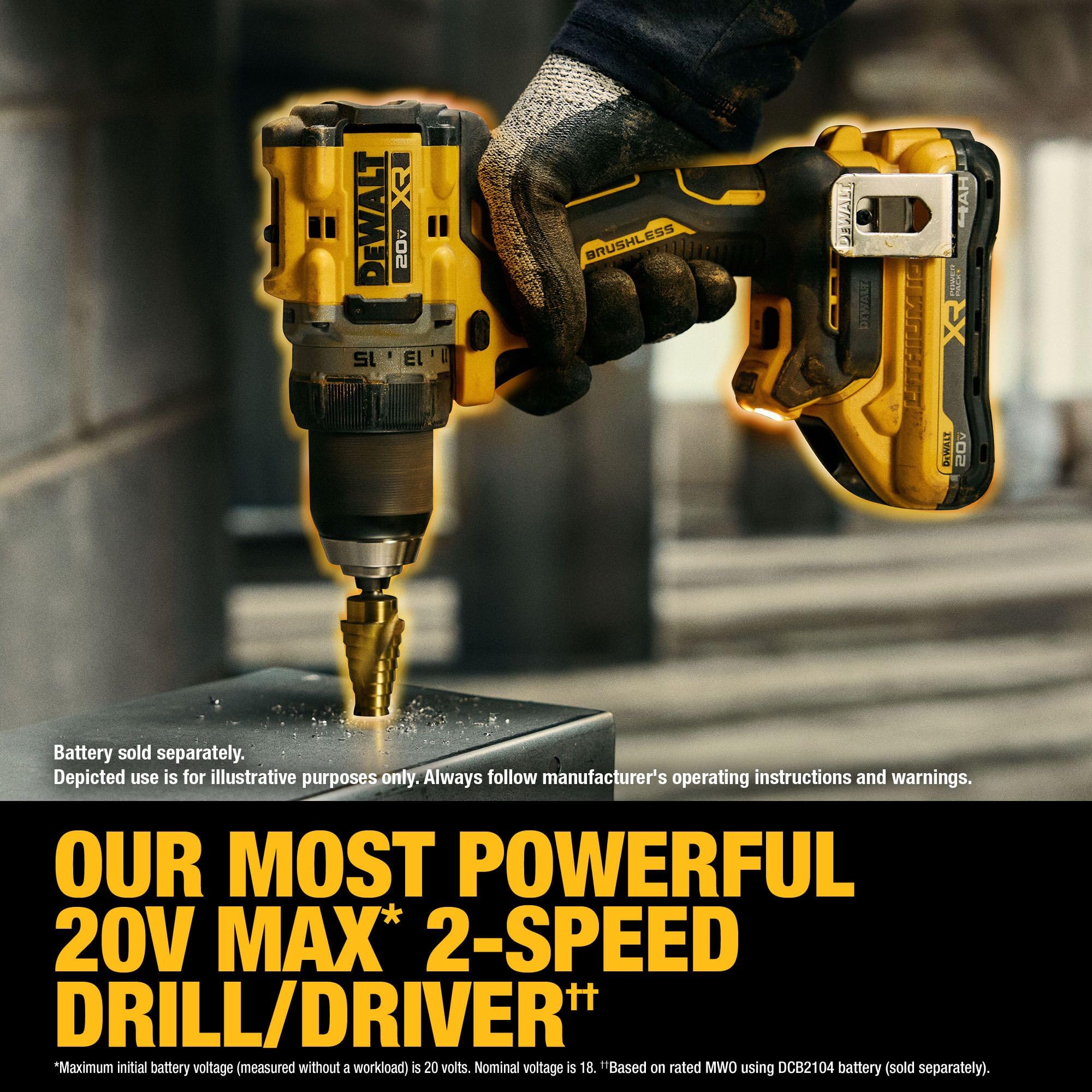 DEWALT DCD801B LED work light illuminating a dim workspace