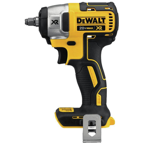 DEWALT DCF890B LED lights and belt clip improve visibility and handy access in dim conditions.