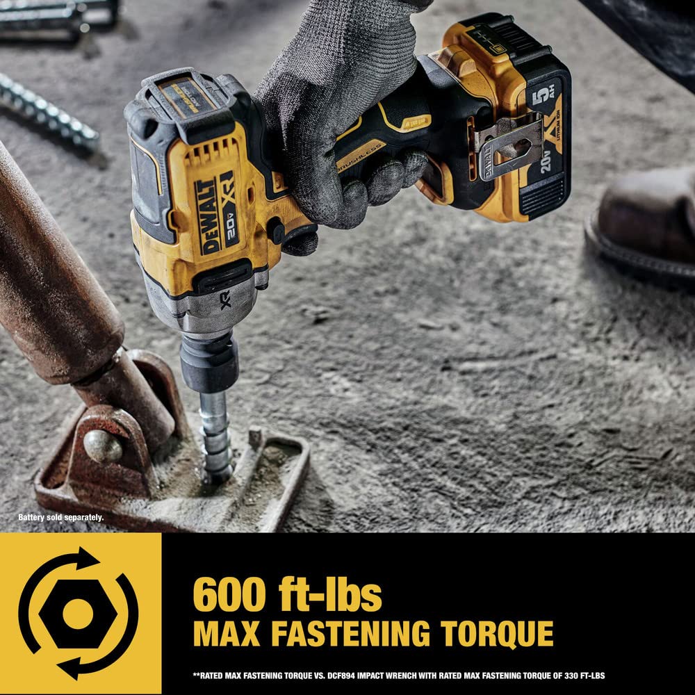 DEWALT DCF892B belt clip detail shows secure carrying during job site movement.
