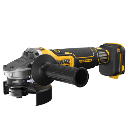 DEWALT DCG410VSB grinder angled view shows versatile speed control for metal and masonry tasks.