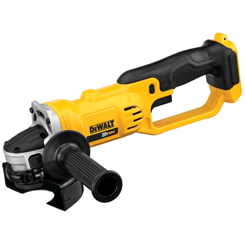 DEWALT DCG412B angle grinder front view showcases compact power for fast material removal.