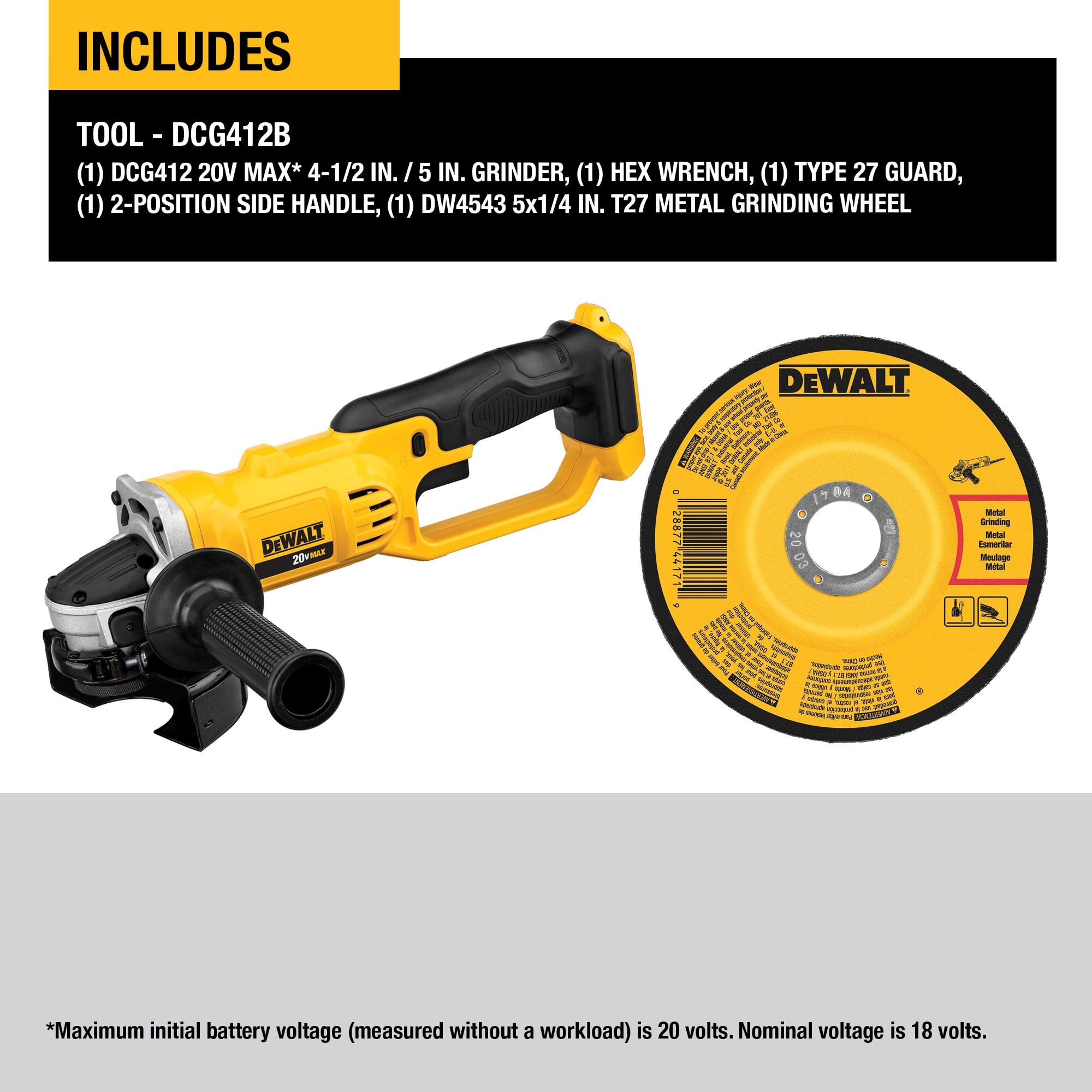 DEWALT DCG412B quick-change wheel release enables tool-free wheel changes.