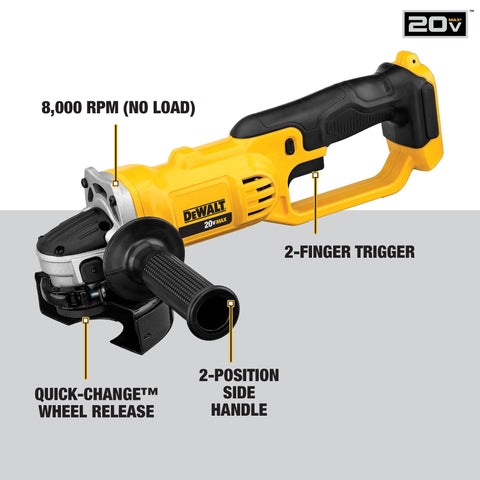 DEWALT DCG412B trigger switch with lock-off offers convenient power control.