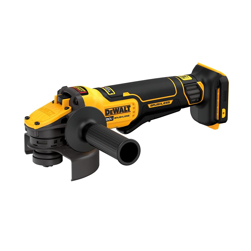 DEWALT DCG416B angle grinder with FLEXVOLT battery on a workbench demonstrating power on site