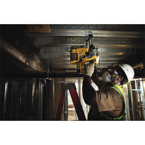 DEWALT DCH273B rotary hammer action highlight for fast concrete drilling.